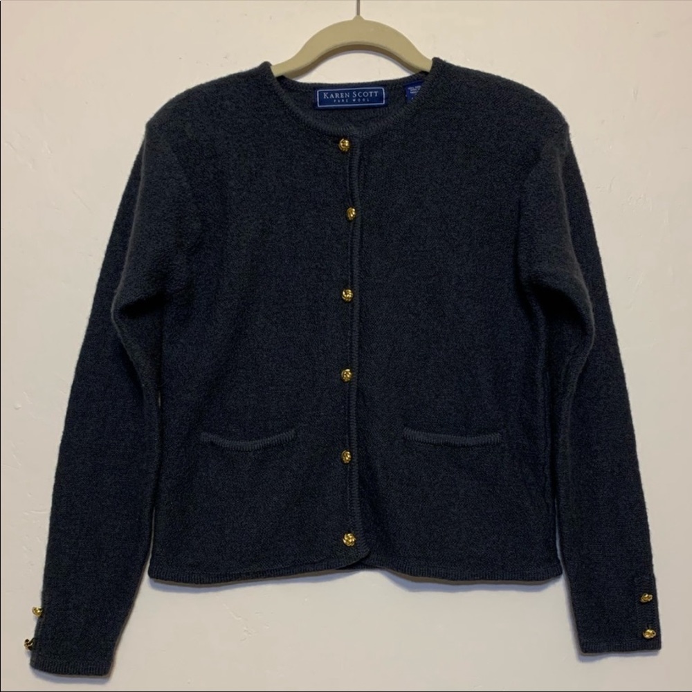 Karen Scott Vintage Grey Wool Button Front Cardigan with Gold Details